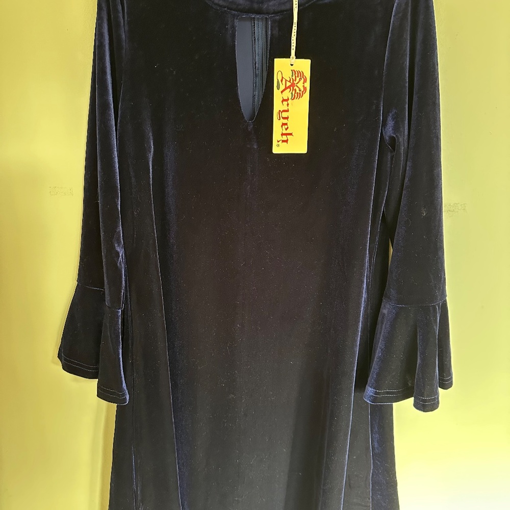 NWTAryeh Dark Blue Velvet Keyhole Dress Sz S Poly/Spandex Flare Sleeve Zip Back